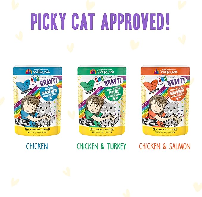 Weruva B.F.F. OMG - Best Feline Friend Oh My Gravy!, Yippy Ki Yay Yellows! Variety Pack, 2.8oz Pouch (Pack of 12)