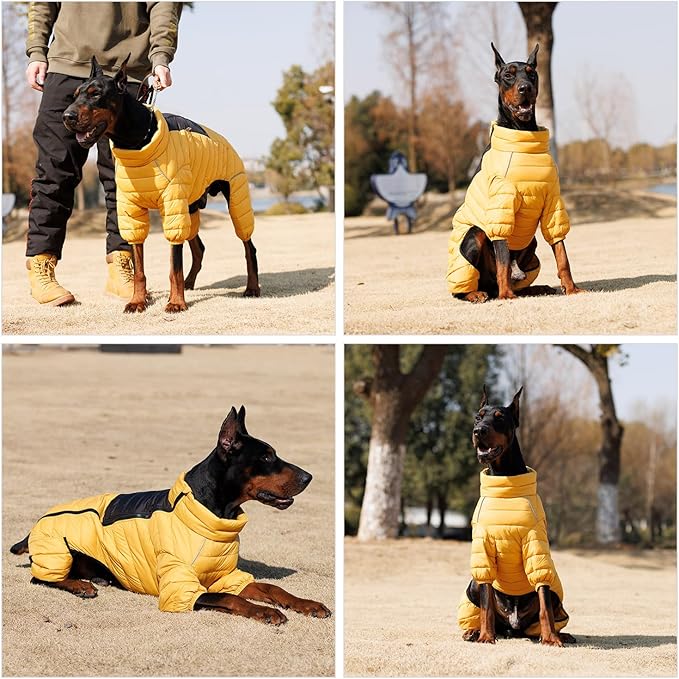Lovelonglong Dog Coat Dog Warm Jacket, 4 Legs Covered Waterproof Windproof Reflective Warm Dog Vest, Zippered Adjustable Outdoor Dog Snow Jacket for Small Medium Large Dogs Yellow S
