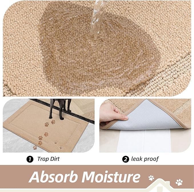 BEQHAUSE Dog Door Mat for Muddy Paws 20"x32" Dirt Trapper Absorbent Doormat Non Slip Entryway Rugs Washable Stain Resistant Welcome Floor Mat Soft Low-Profile for Front Back Door, Beige