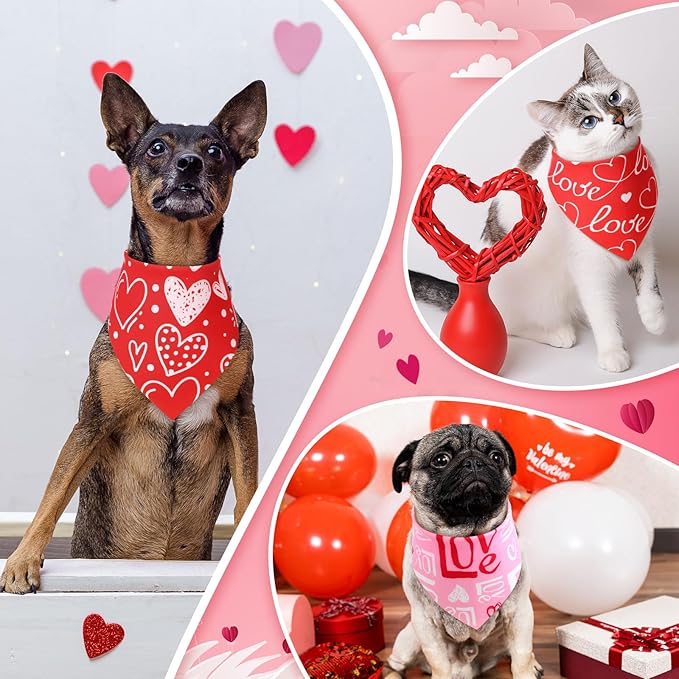 Weewooday 50 Pcs Valentine Dog Bandanas Bulk for Dogs Soft Bibs Adjustable Triangle pet Bandana for Small Medium Large Costume(Heart Pattern, 19.7 x 13.8 x 13.8 Inch)
