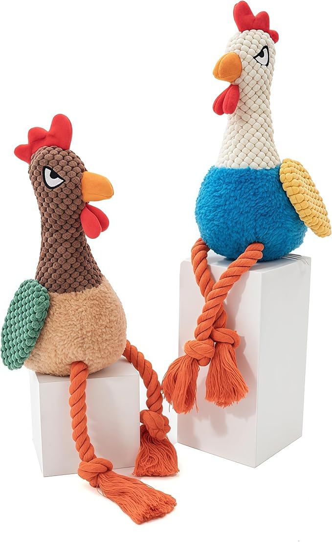 Plush Rooster Dog Toy with Squeaker, Interactive Rope Legs for Small and Medium Dogs, Multicolor Tug and Fetch Chew Toy