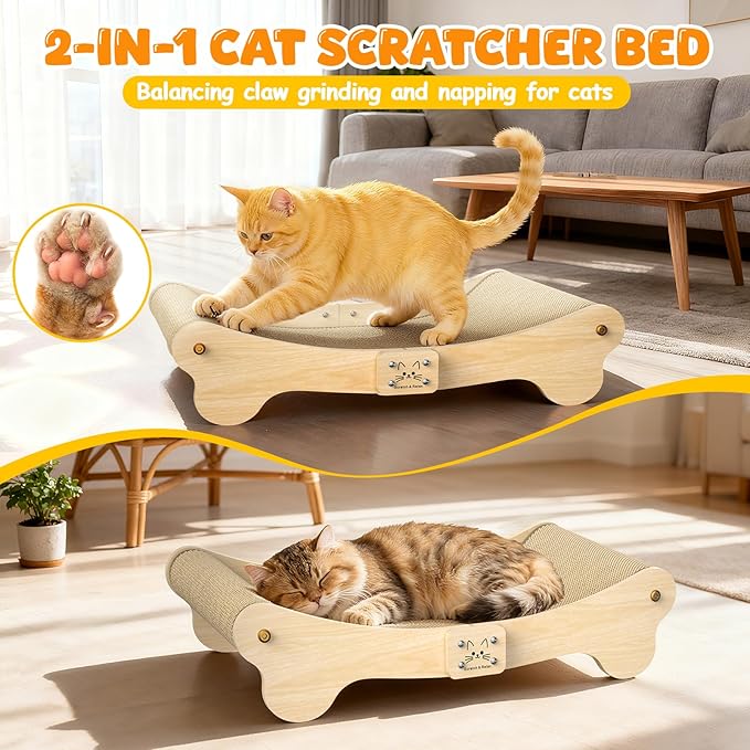 Cat Scratcher Bed Hammock Indoor: 2-in-1 Cat Scraching Board with Natural Sisal Wood, Scratch Pad Cats Lounger for Scratching & Sleeping - Furniture Protector for Bedroom and Living Room (24x16x5.5in)