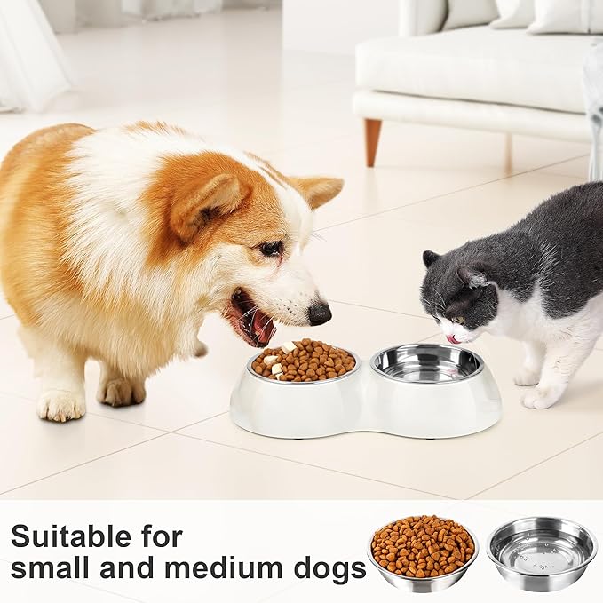 Stainless Steel Dog Bowls Set – Dual Non-Slip Pet Dishes with 2 Small (4oz*2) Bowls & Durable Resin Stand,Food & Water Feeder for Kittens– White