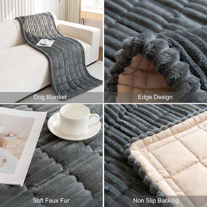 Faux Fur Plush Dog Couch Cover 3D Stripe Fuzzy Sofa Cover Non-Slip Fluffy Dog Bed Cover Pet Blanket Sofa Couch Furniture Protector for Puppy Large Dog Cat (Dark Grey,24"x35")