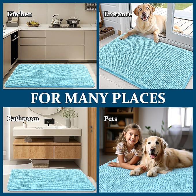OLANLY Dog Door Mat for Muddy Paws 47x20, Absorbs Moisture and Dirt, Absorbent Non-Slip Washable Doormat, Quick Dry Chenille Mud Mat for Dogs, Entry Indoor Entryway Carpet for Inside Floor, Blue