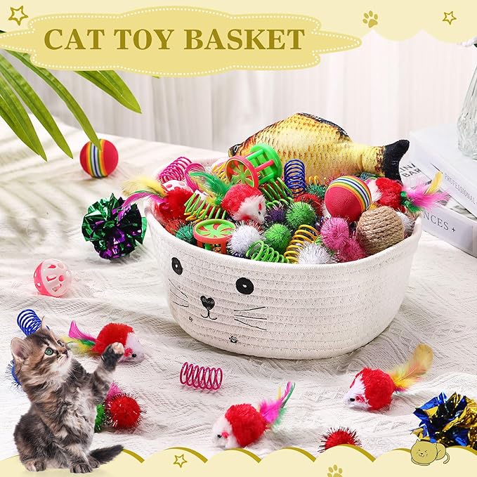 Zopeal 58 Pcs Cat Storage Basket Gift Toys Set, Colorful Flashing Balls Pet Bell Crinkle Balls Spring Toys Attract Cat to Swat, Bite, Hunt, Interactive for Pet(White,9.8 Inch)