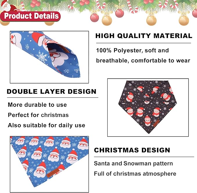 ADOGGYGO Christmas Dog Bandanas 2 Pack, Reversible Triangle Santa Snowman Pet Xmas Scarf, Adjustable Fit Christmas Bandanas for Medium Large Dogs Pets (Large)