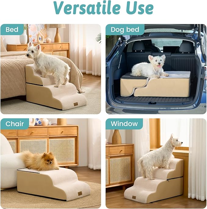 Wide Dog Stairs for Small Dogs 19.7" H, Detached Dog Step for Puppy or Older Cat, Ramp for Bed, Sofa, Couch or Chair, Ladder with High Density Foam, 17.7x28.3x19.7 inch, 4 Step, Beige