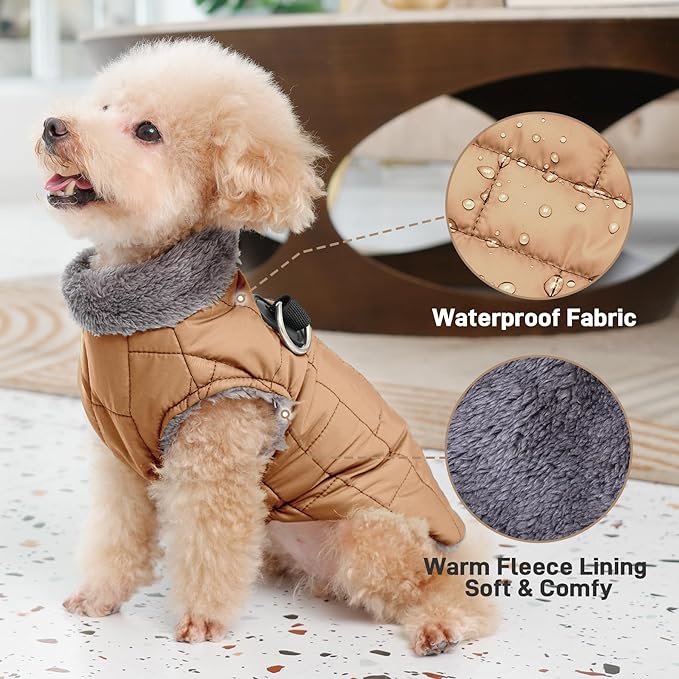 Warm Fleece Dog Coats with Durable Harness Buitl in D-Ring,Waterproof Puppy Jacket for Small Dogs,Dog Vest for Cold Winter,Burnished Khaki S