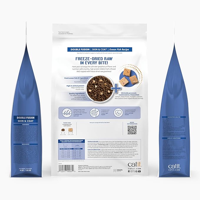 Catit Recipes Double Fusion Skin & Coat Cat Food – Ocean Fish Recipe, High-Protein, Freeze-Dried Raw Toppings, Omega-Rich for Healthy Skin & Fur, No by-Products, Minimally Processed, 4 lb