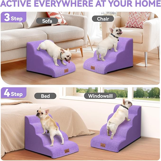 Dog Ramp and Stair for Bed 16" H-20 H,3-Step Cat Stair for Sofa and Chair,4-Step Dog Ramp for High Bed and Window,Durable Nonslip Fabric Stair for Indoor (Purple-16 H, Pet Friendly, 3)