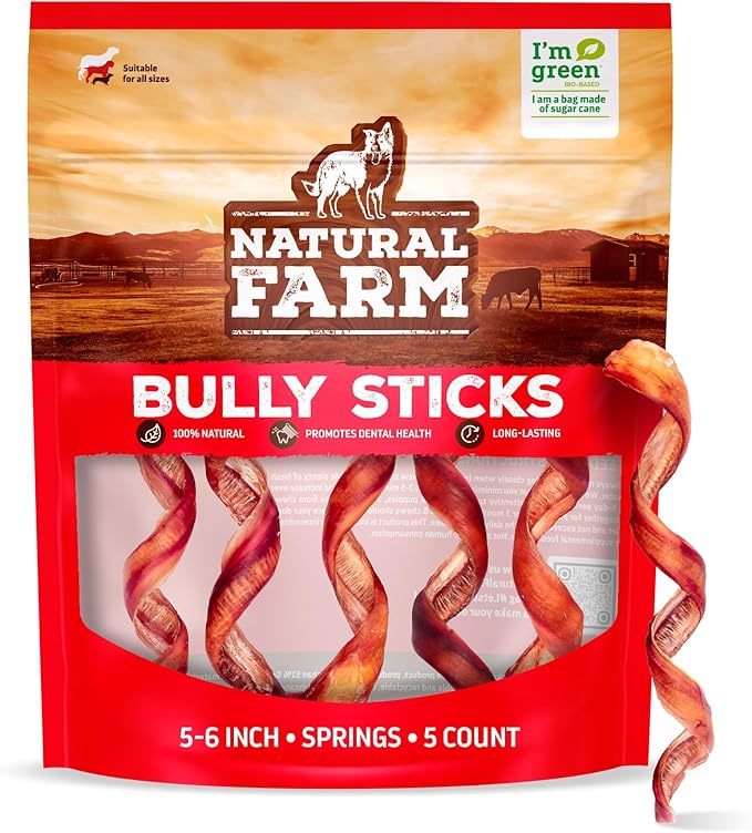 Natural Farm Odor-Free Curly Bully Sticks, (5-6 Inch, 5 Pack), Fully Digestible, 100% Beef Pizzle Chews, More Engagement & Fun, Grass-Fed, Non-GMO, Fully Digestible - Best for Small & Medium Chewers