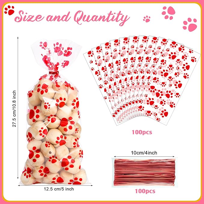 Blulu 100 Pieces Dog Treat Bags Puppy Party Favor Pet Paw Cone Cellophane Bags Candy Heat SealableDog Paw Gift with 100 Pieces Silver Twist Ties for Pet Cat Treat Party Favor(Red)