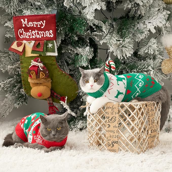 Stretchy Cat Christmas Sweater - 2 Packs Christmas Sweaters for Cats | Snug Winter-Ready Knit for Boy/Girl Cats & Kittens(Scarlet, Large)