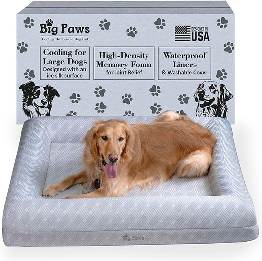 Big Paws Cooling Orthopedic Dog Bed for Large & Senior Dogs – Ice Silk Surface, Waterproof Liners, Washable Cover, Non-Slip Base, Raised Bolsters, Joint Support Foam – Gray