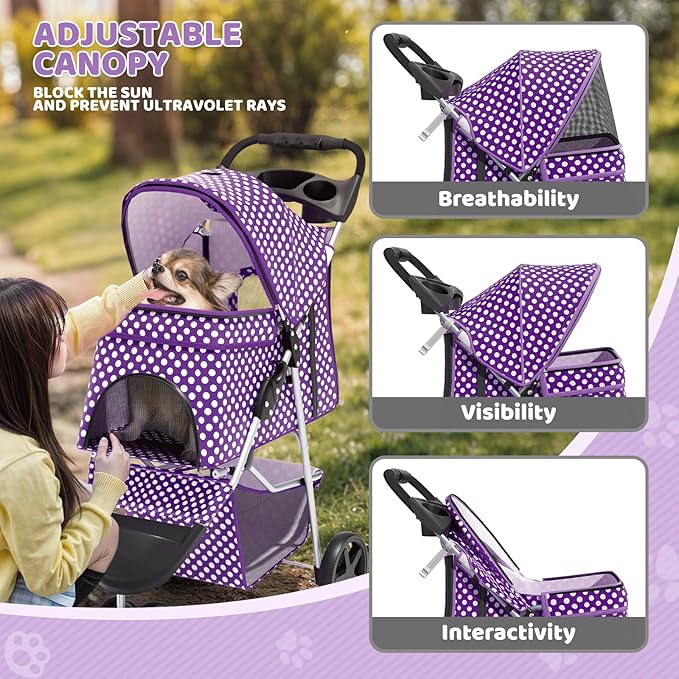 Magshion 3-Wheel Pet Stroller, Foldable Travel Jogger for Small & Medium Dogs & Cats (Up to 33lbs), Lightweight Carrier with Breathable Mesh Cover, Cup Holder & Storage Basket, Purple Polka Dots