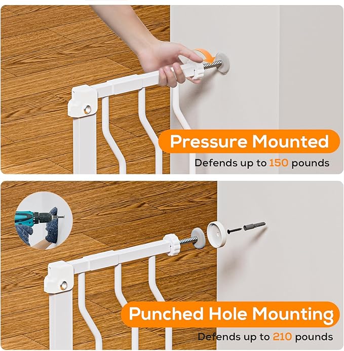 Baby Gate for Stairs, Baby Safety Essentials, Auto Close Gate for Doorways, Easy Install Pressure Mounted Dog Gate Indoor, Pet Gates for Dogs, White