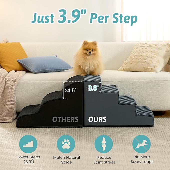 Slope Dog Stairs for Small Dogs 15.7" H, Pet Steps for Couch Sofa Chair with Washable Cover, Non-Slip Indoor Ramp for Puppy Older Cats, 4 Step, Charcoal Grey