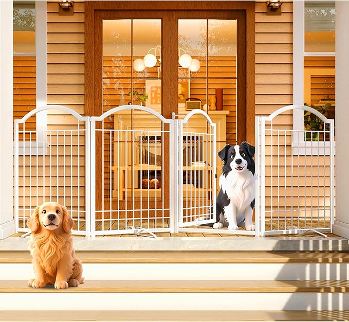 4NM Metal No Drilling Expandable Dog Gate, Extra Wide 96", Extra Tall 32" Free Standing Pet Gate with Door, Gates for Dogs Outdoor or Indoor, with 3PCS Support - White