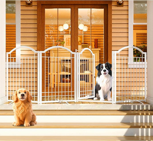 4NM Metal No Drilling Expandable Dog Gate, Extra Wide 96", Extra Tall 32" Free Standing Pet Gate with Door, Gates for Dogs Outdoor or Indoor, with 3PCS Support - White