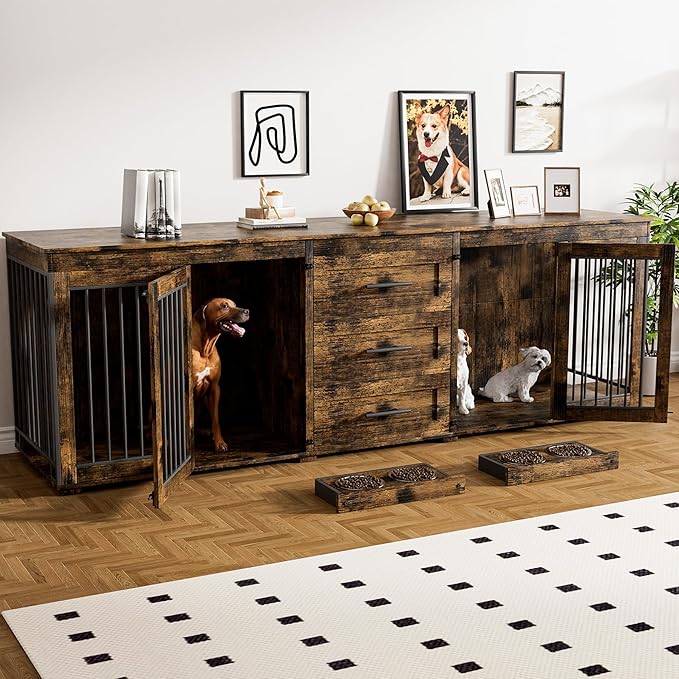 Rophefx 94.5" Dog Crate Furniture for 2 Dogs, Large Dog Kennel Furniture with 3 Storage Drawer, Wooden Dog Cage with 4 Bowls, Indoor Dog House TV Stand with Locks for Large Medium Dog, Rustic Brown