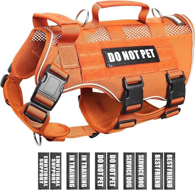 WINSEE Mesh Dog Harness with 10 Pet Patches for Small Service Dog in Training, Breathable Tactical Molle Vest with Double Handle, Reflective Military Pet Vest for Walking Hiking