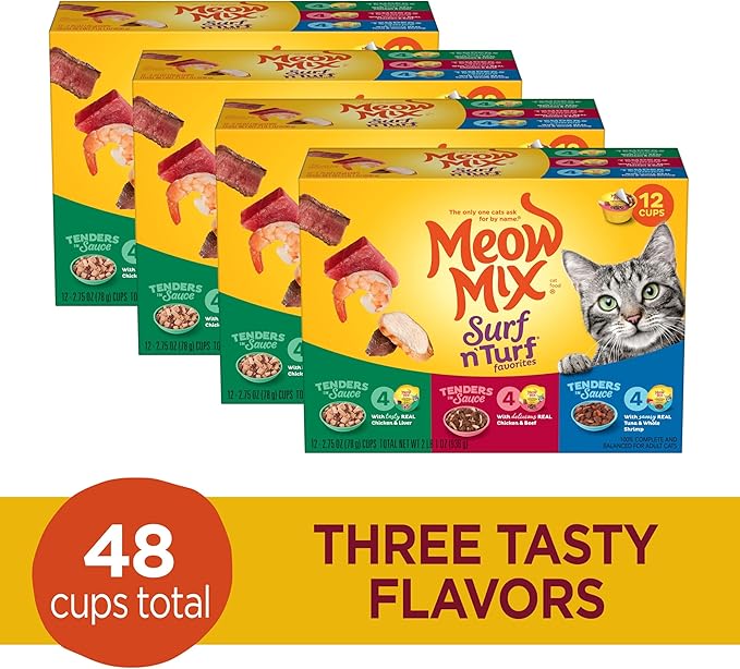 Meow Mix Tenders in Sauce Wet Cat Food, Surf 'N Turf Variety Pack, 2.75 Ounce Cup (Pack of 48)