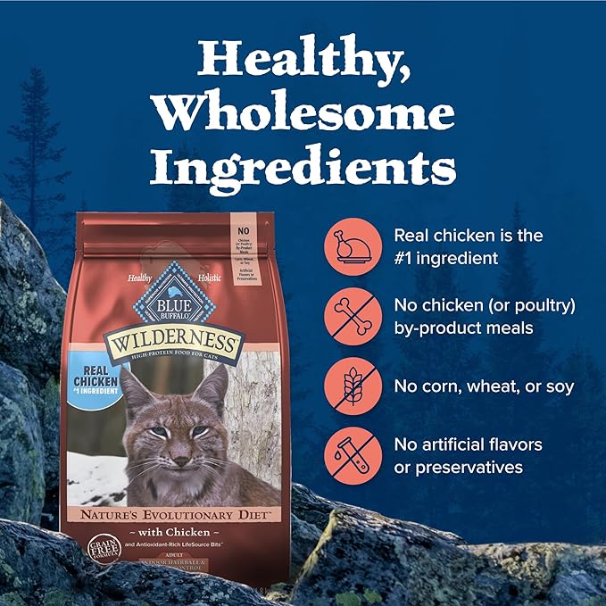 Blue Buffalo Wilderness High-Protein, Grain-Free Natural Dry Food for Adult Cats, Weight and Hairball Control, Chicken, 5-lb Bag