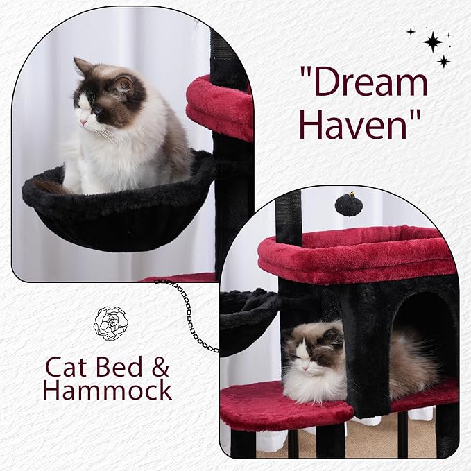 Hey-brother Cat Tree Tower, Scratching Posts with Cozy Condo, Padded Bed, Hammock, Plush Perch, Sisal Post and Ball for Indoor Kittens, 44.9 Inches, Black and Red MPJ009SBR
