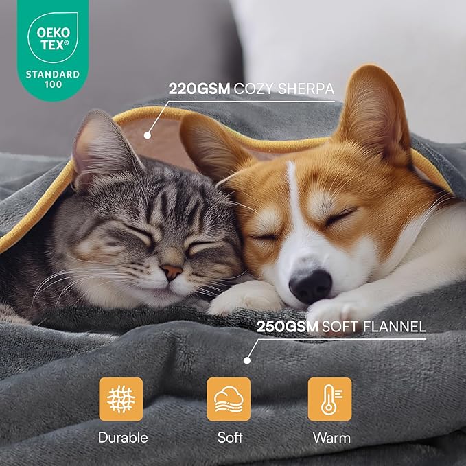 Luciphia Waterproof Pet Blanket, Liquid Pee Proof Dog Blanket for Sofa Bed Couch, Reversible Sherpa Fleece Furniture Protector Cover for Small Medium Large Dogs Cats, Grey+Beige Large（65" x 57"）