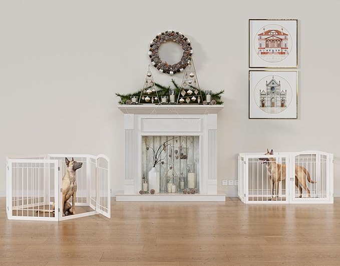 Vantas Folding Pet Gate 144" Wide, 30" Tall No-Assembly Metal Dog Gate, Freestanding Wire Pet Gate, Pet Puppy Safety Fence, Extra Wide with 2PCS Support - White