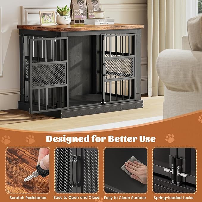 VOPEAK 27.5" Dog Crate Furniture, Chew Resistant Dog Crate for Small Dogs Puppy, Heavy Duty Dog Crates Dog Kennel Cage Indoor with Double Doors, Wooden End Table for Bedroom Living Room, Black