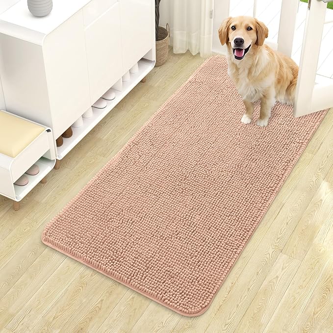 OLANLY Dog Door Mat for Muddy Paws 44x24, Absorbs Moisture and Dirt, Absorbent Non-Slip Washable Doormat, Quick Dry Chenille Mud Mat for Dogs, Entry Indoor Entryway Carpet for Inside Floor, Peach