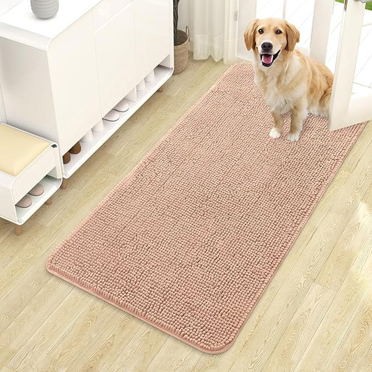 OLANLY Dog Door Mat for Muddy Paws 44x24, Absorbs Moisture and Dirt, Absorbent Non-Slip Washable Doormat, Quick Dry Chenille Mud Mat for Dogs, Entry Indoor Entryway Carpet for Inside Floor, Peach