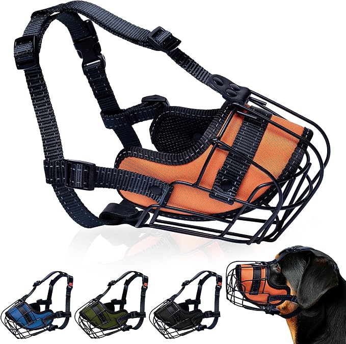 OOPSDOGGY Metal Dog Muzzle for Large Dog, Adjustable Brethable Wire Basket for Rottweiler to Prevent Biting Chewing (Orange, Rottweiler)
