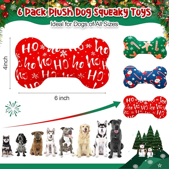 6 Pack Christmas Dog Squeaky Bone Toys Plush Interactive Dog Pets Birthday Bone Shape Stuffed Chew Toys for Puppy Small Medium Large Squeak Toss Play