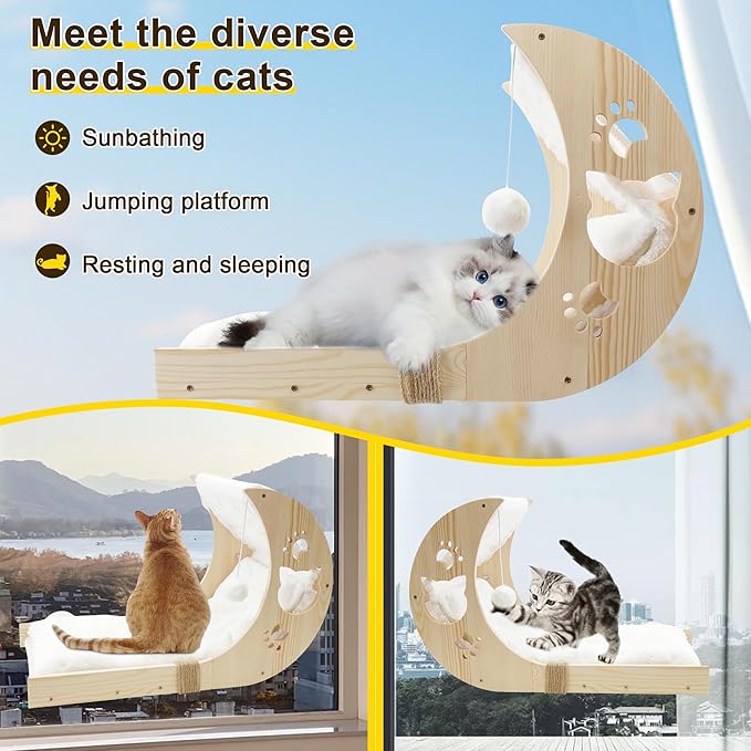 Cat Window Perch with Detachable Ladder-Wodden Cats Bed for Indoor with Double Side Velcro Cat-Mat, Moon CatWindow Seats Mounted with 7pcs Strong Suction Cups for Sleep and Rest