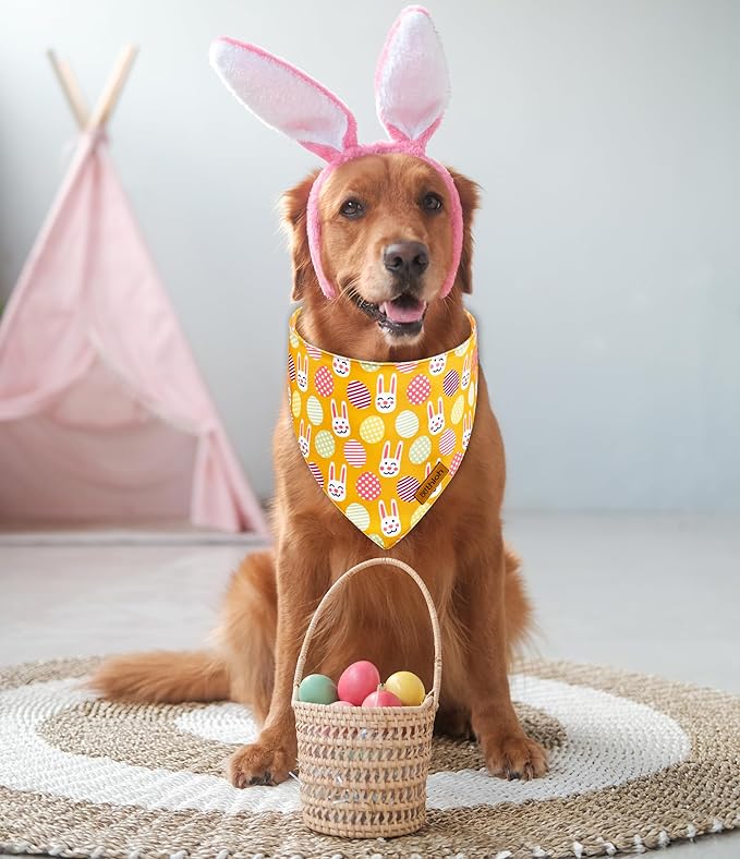 Easter Dog Bandanas with Snap Button, 2 Pack Reversible Spring Bandana for Boy & Girl, Premium Durable Fabric, Bunny and Egg Dog Scarf for Large and Extra Large Dogs (X-Large)