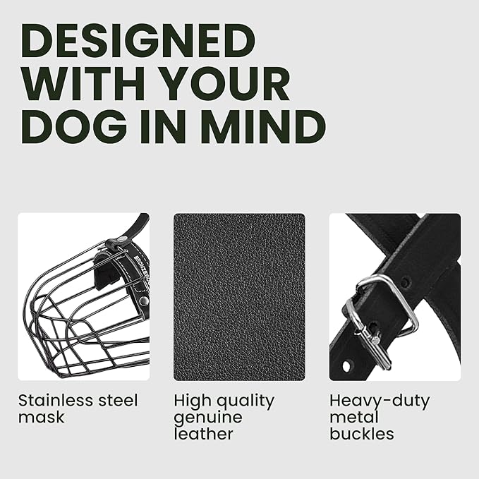 BRONZEDOG Dog Muzzle Adjustable Durable Metal Wire Basket for Large and Extra Large Dogs with Leather Straps Breathable, Drinkable, Adjustable, Training, Prevents Biting (PVC, Rottweiler)