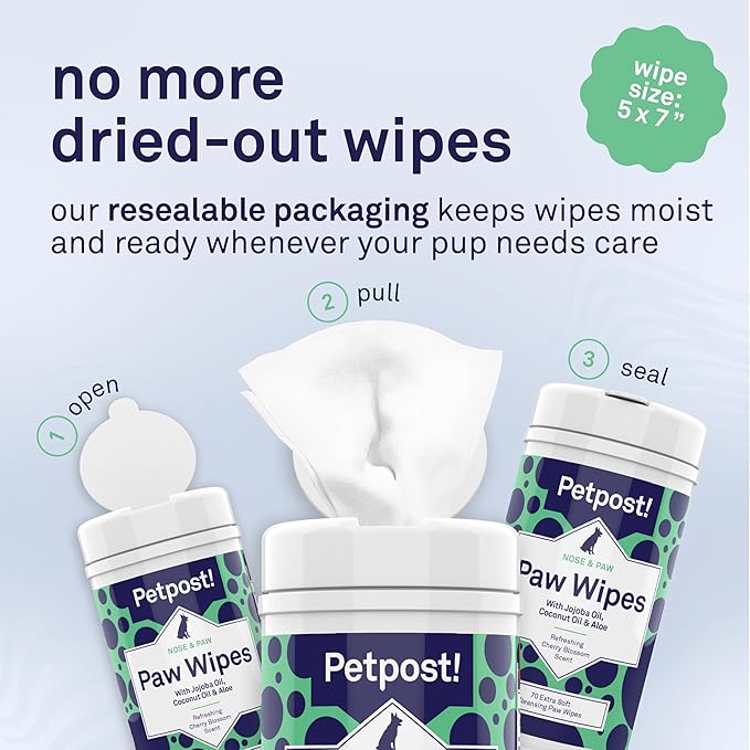 Petpost Paw Wipes for Dogs | 70 Count Dog Paw Cleaner Wipes with Coconut Oil, Jojoba Oil & Aloe | Gentle Pet Wipes for Paws | Large Ultra Soft Cotton Pads, Cherry Blossom Scent