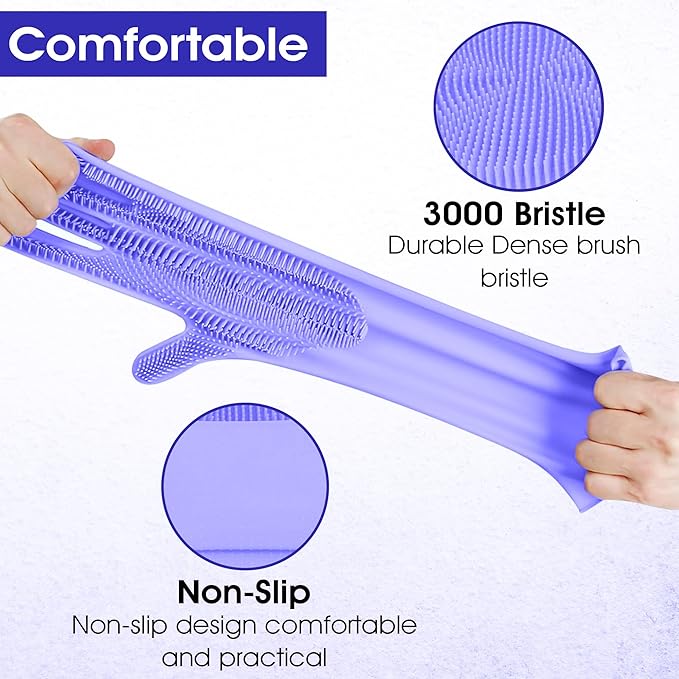 Pet Grooming Gloves with High-Density Teeth, Silicone Five Finger Design for Washing, Massaging Dogs and Cats (Purple)