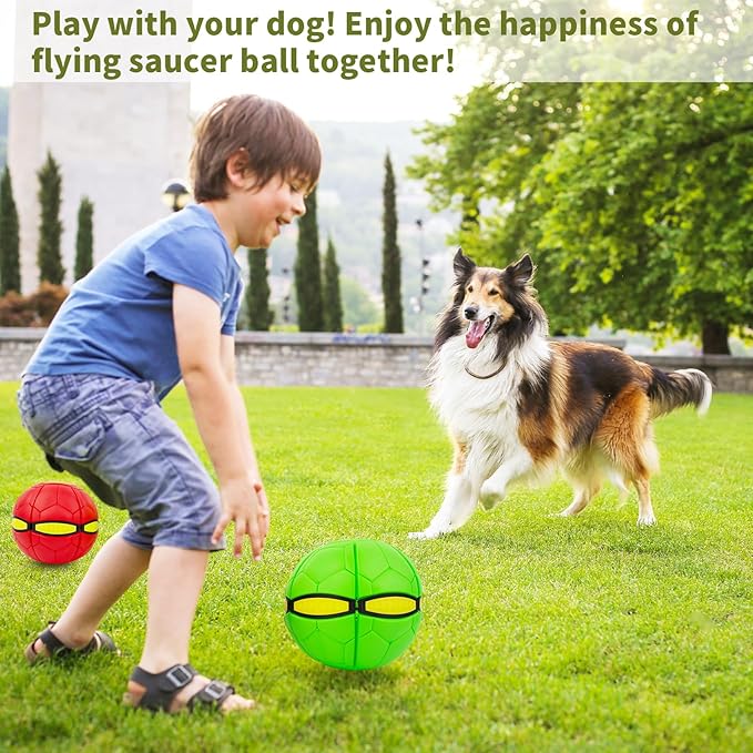 Dog Flying Disc, 2 Pack Pet Toy Flying Saucer Ball for Dog, Interactive Dog Disc Saucer Ball Toys for Medium Large Dogs, Doggy Disc Ball 3 Light Teeth Red+Green