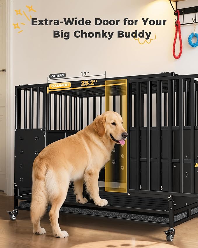 48'' Heavy Duty Dog Crate for Large Dogs, – Upgraded Chew-Proof Panels, Comfort-Widened Floor Panel, Dog Kennel Indoor, Adjustable Internal Height, Easy-Access Wide Door, 4 Lockable Wheels