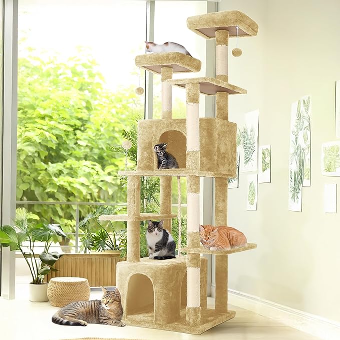 69-Inch Tall Cat Tree with Huge Condos, Multi-Functional Cat Tower with Top Perches, Scratching Posts, Pompoms, for Climbing, Lounging and Playing (Beige)