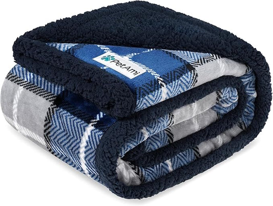 PetAmi Waterproof Dog Blanket for Medium Large Dog Puppy Cat Throw for Couch Cover Leakproof Protection, Sherpa Fleece, Reversible Soft Washable 60x40 Plaid Navy Blue