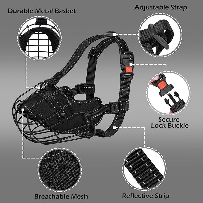 OOPSDOGGY Pitbull Dog Muzzle - Reflective Metal Mask with Wire Basket for Large Dogs - Soft Cage Muzzle to Prevent Biting & Chewing - Adjustable Nylon Straps (Black)