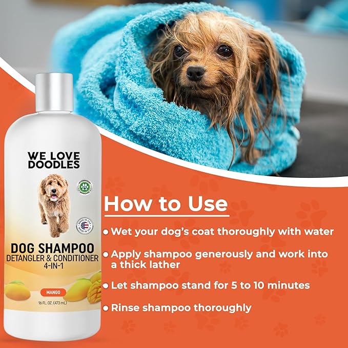 Dog Shampoo and Conditioner & Detangler - Best Goldendoodles, Poodles & Doodle Shampoo for Smelly Dogs - Sensitive Skin Puppy Shampoo - Made in The USA, Doodle Must Haves, 16OZ (Mango)