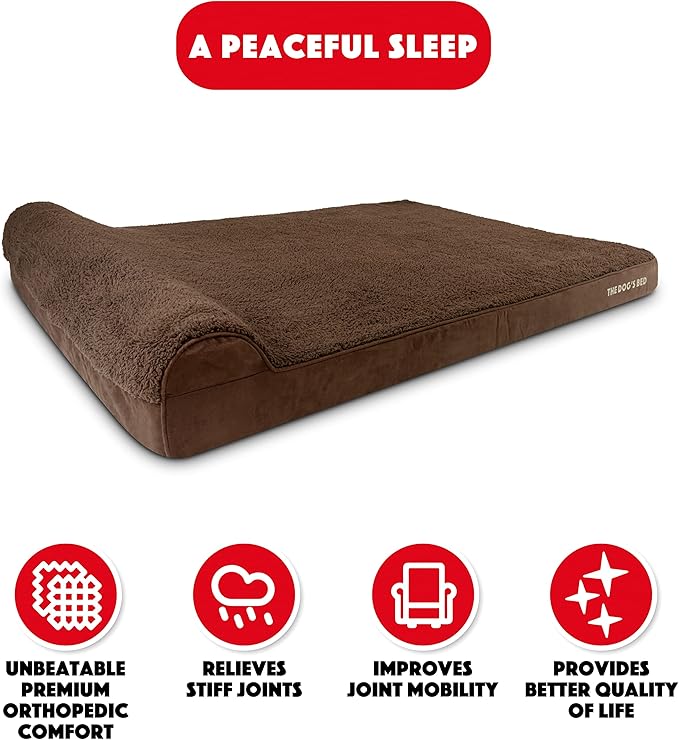 The Dog’s Bed Orthopedic Headrest Dog Bed XXXL Brown Plush, Memory Foam, Pain Relief for Arthritis, Hip & Elbow Dysplasia, Post Surgery, Lameness, Waterproof Washable Cover