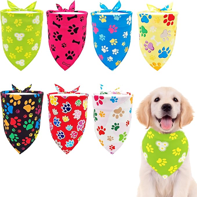 7 PCS Small Dog Bandanas Paw Print Hemming Seam Edge Dogs Bandana for Medium Cats Large Scarfs Party Grooming M
