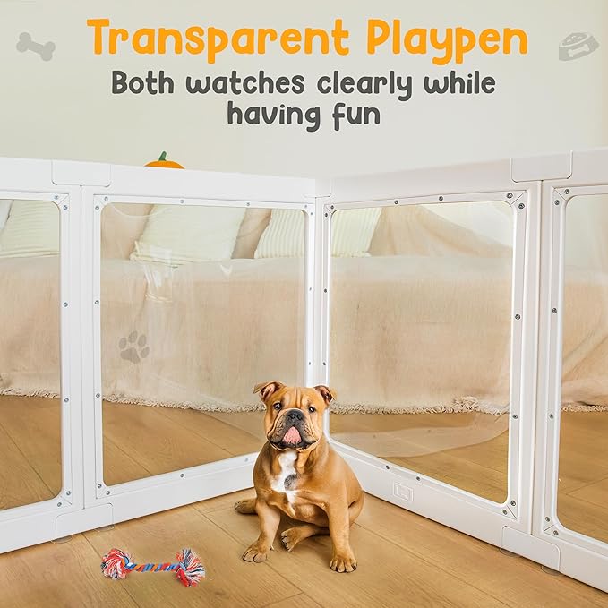 Transparent Indoor Dog Playpen with Safety Lock, Indoor Dog Fence for Small & Medium Pets | Secure, Stylish, Easy Clean Play Pen for Dogs & Pets with Scratch Resistant Panels (White, 10 Panel)